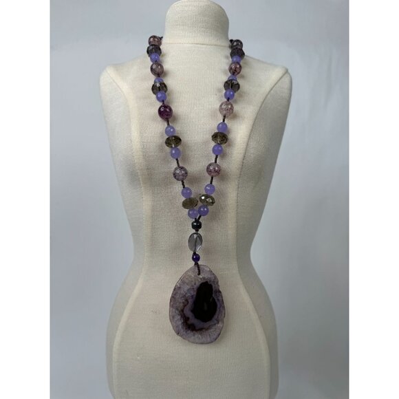 Dyed Agate Pendant Necklace With Beads & Large Purple Stone 13" Long Unique Boho - Picture 8 of 15